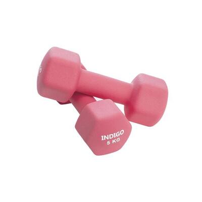 Paar zeshoekige neopreen halters fitness indigo roze 5 kg