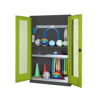 Modul-Sportgeräteschrank Komplettausstattung mit Lochblech-Flügeltüren. HxBxT