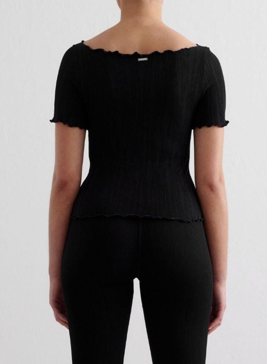 Femme Haut Manches Courtes Respirant Extensible Maille Ondulée Court Tulip Noir 2/6