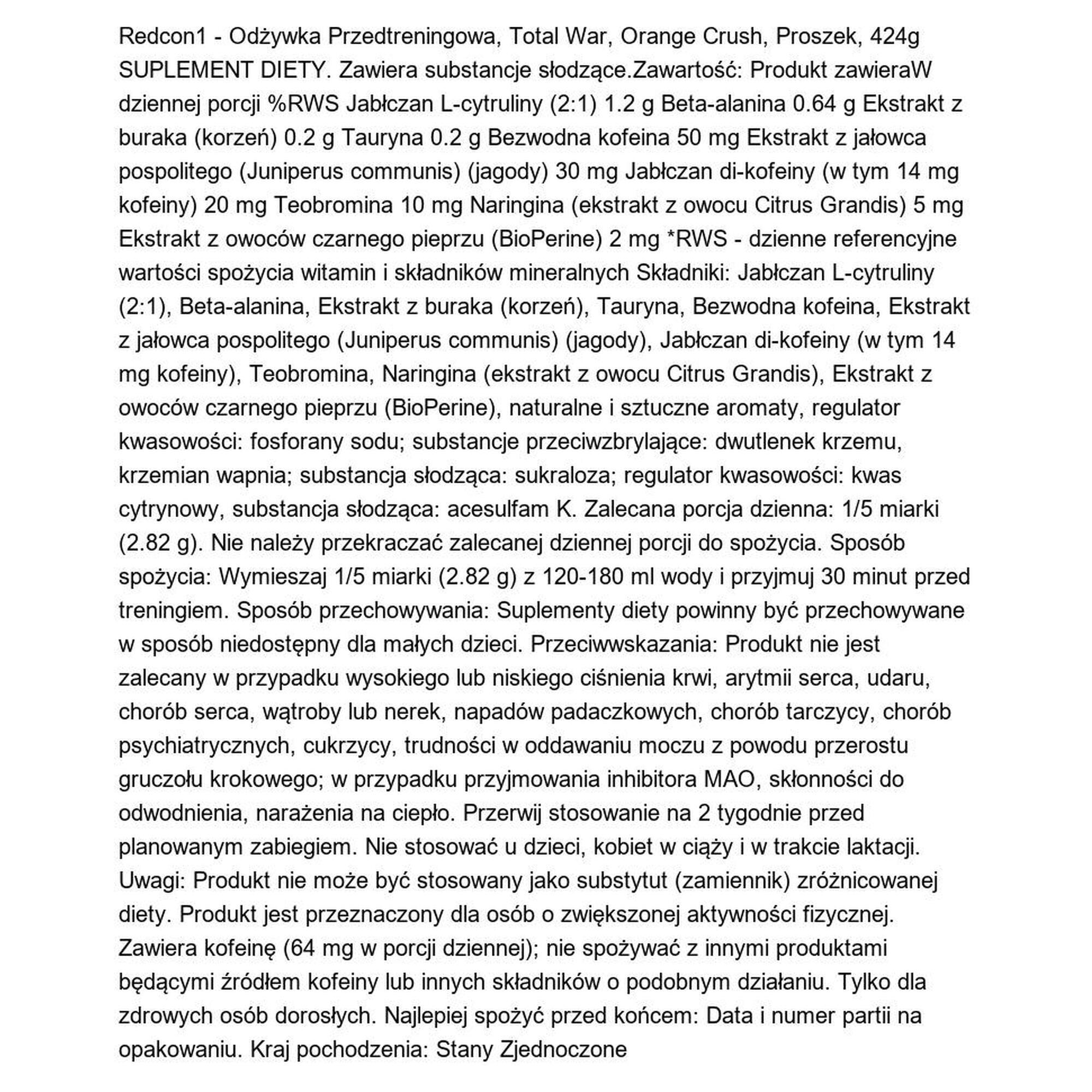 Odżywka Przedtreningowa Total War Orange Crush Redcon1 424g