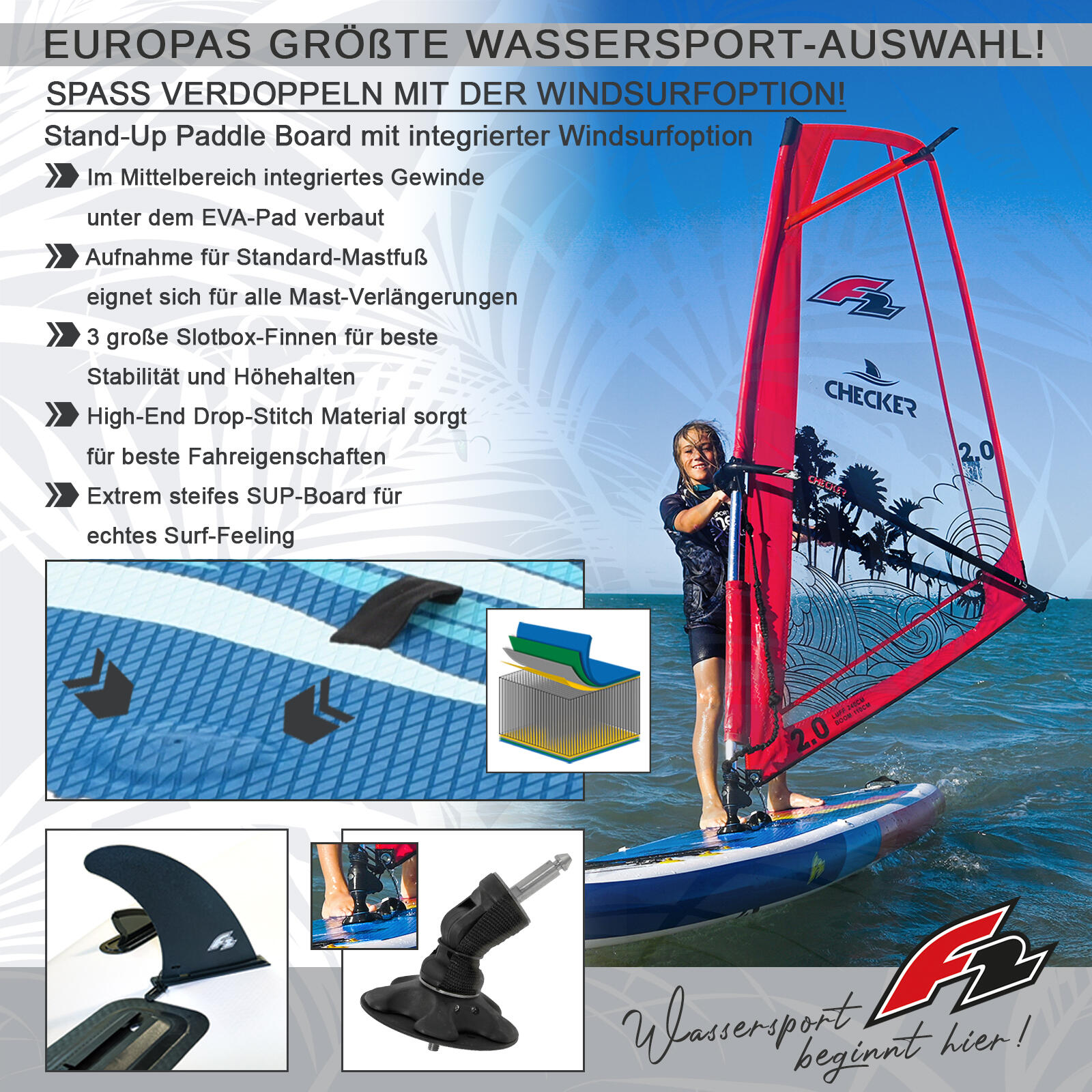 F2 Set Glide SUP 10'2" mit Windsurfsegel Checker 4,5qm 3/6