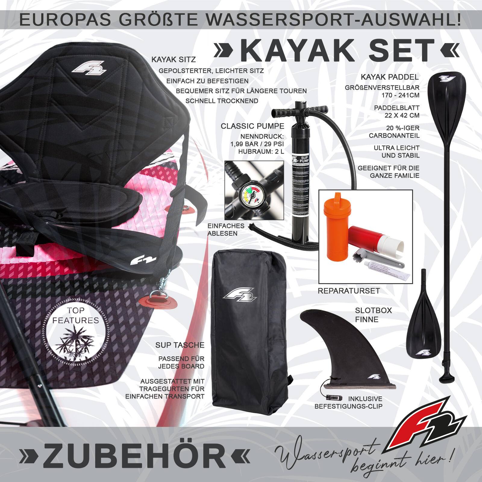F2 Set Damen Stand Up Paddle Board Lotus Blau 10,2 + Kajak Zubehör Paket 3/7