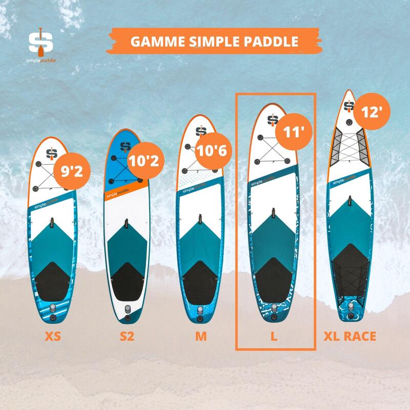 Paddle Gonflable L 11'  (335 x 81 x 15 cm) avec Pagaie, Leash, Pompe et Sac