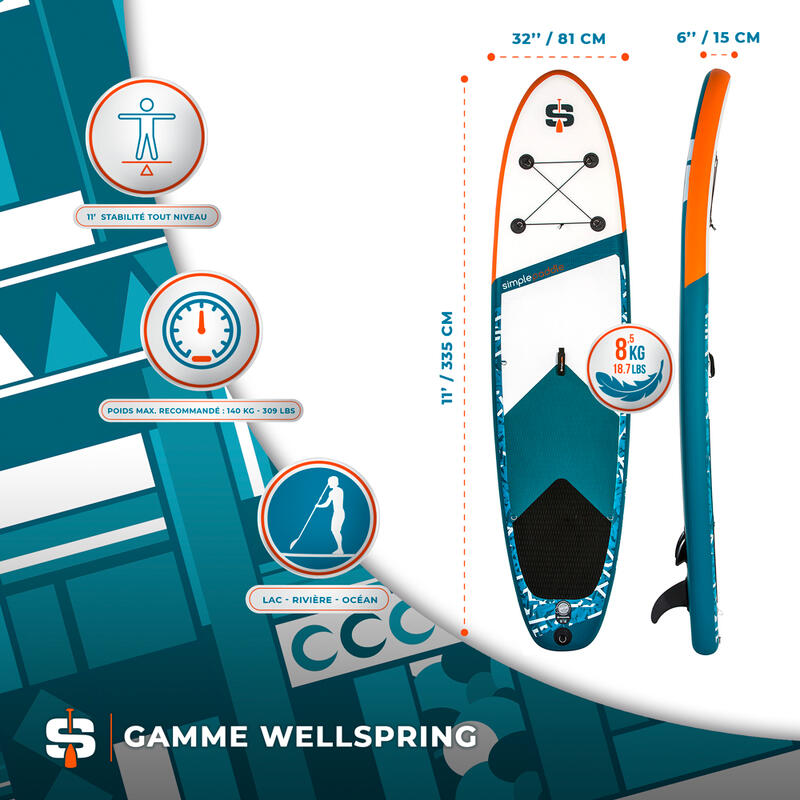 Paddle Gonflable L 11'  (335 x 81 x 15 cm) avec Pagaie, Leash, Pompe et Sac