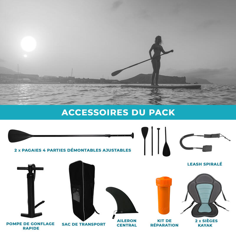 Paddle Gonflable TWO 12' (366x81x15cm) 2 Pagaies, 2 sièges ,Leash, Pompe et Sac