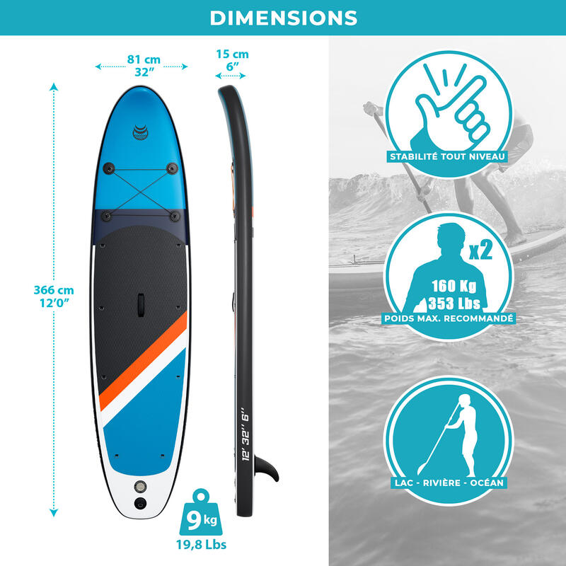 Paddle Gonflable TWO 12' (366x81x15cm) 2 Pagaies, 2 sièges ,Leash, Pompe et Sac