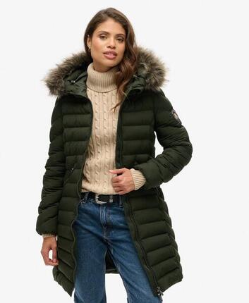 Damen Steppjacke mit Kapuze und Kunstfell in mittellanger Länge Superdry
