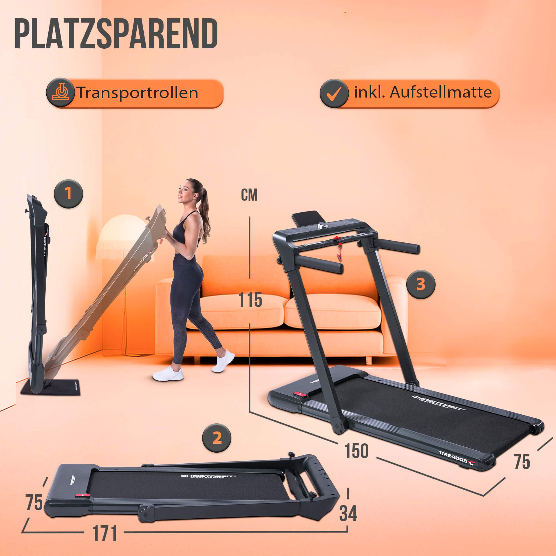 Tapis de course pliable  grande surface de course  commande gestuelle TM 2400 S 6/7