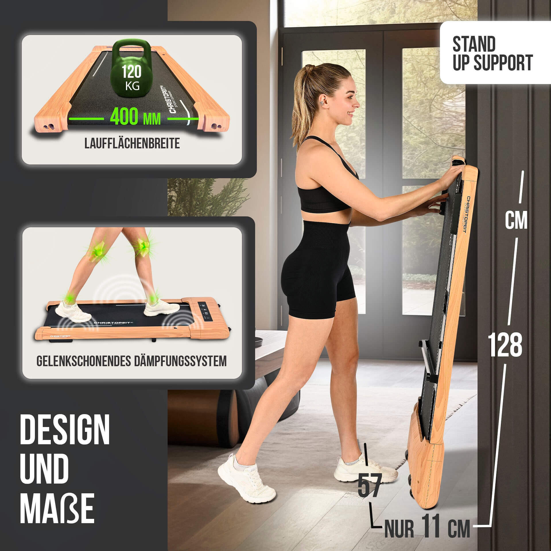 BLACK LORD 4-in-1 loopband met leuning, 16 km/u, 9% helling, compact design wandelpad met wielen, 3,2 pk stille motor, 12 vooraf ingestelde programma's, led-display, 140 kg, zwart