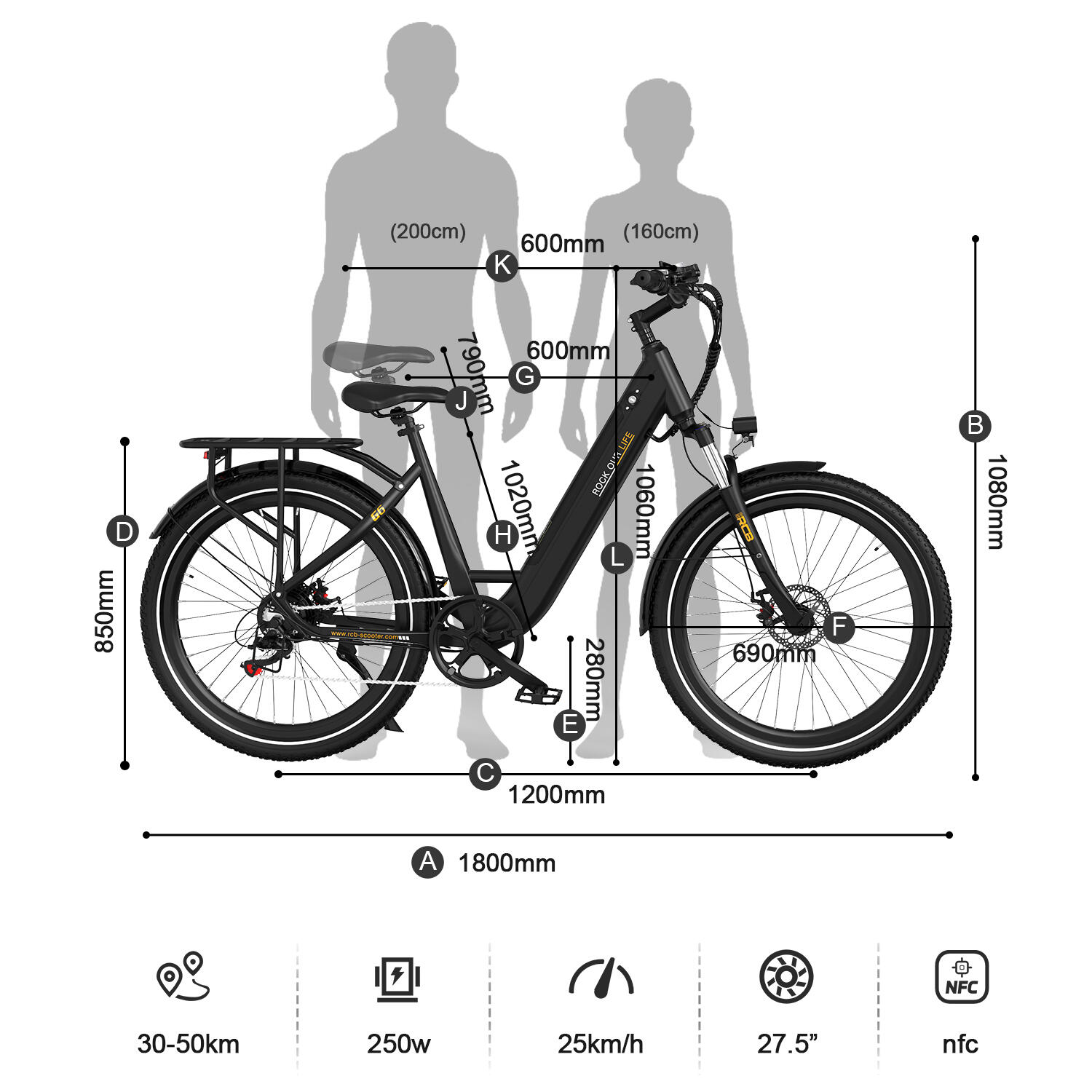 Electric City Bikes G6, E-bikes 27.5",APP&NFC,BLACK 4/7