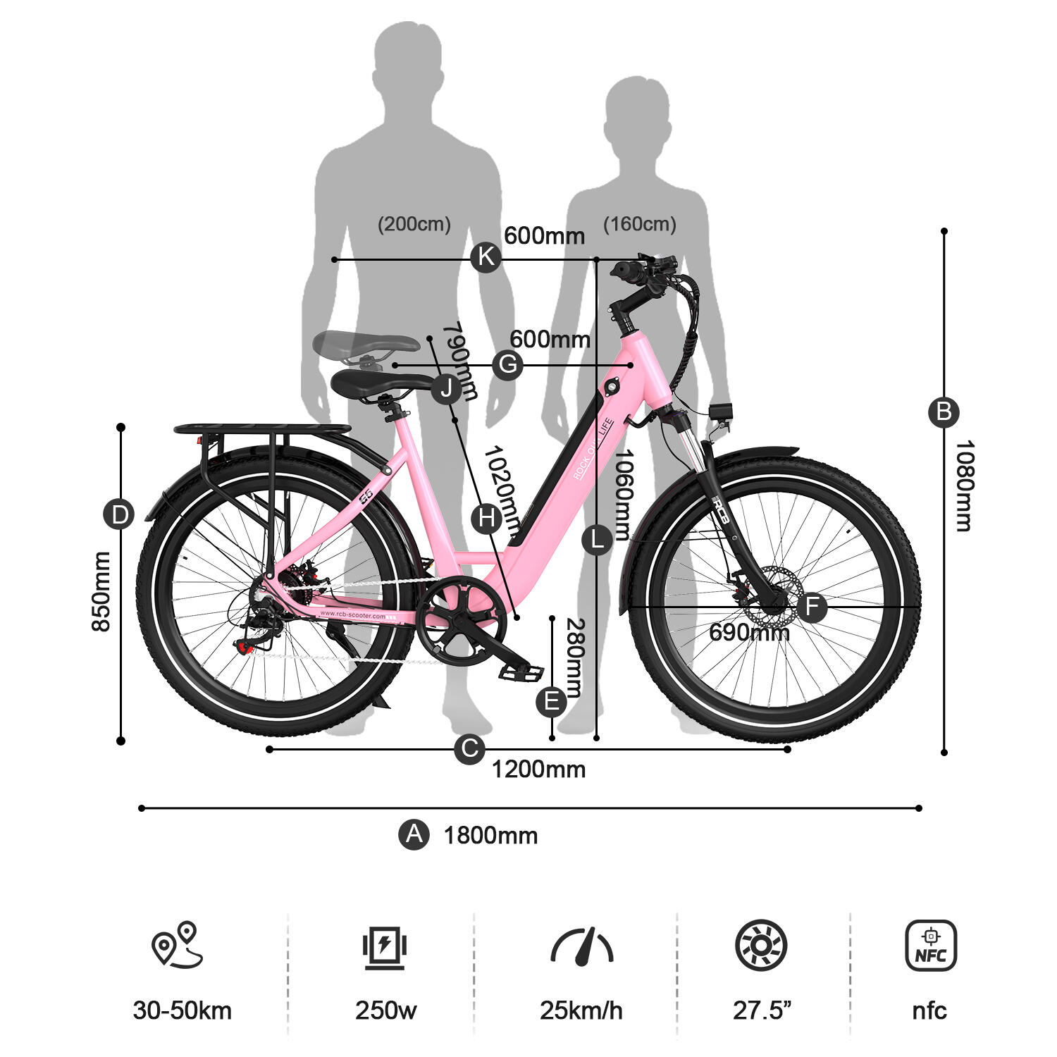 Electric City Bikes G6, E-bikes 27.5",APP&NFC,PINK 6/8