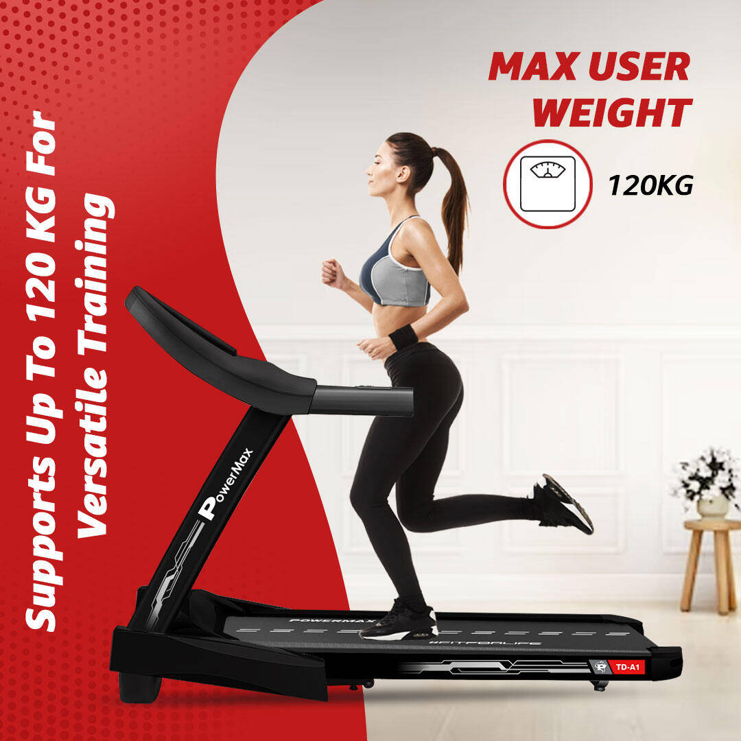 PowerMax Fitness TD-A1 (4 HP Peak) Motorised Foldable Auto-Incline Treadmill for Home User Wt. 115kg, Top Speed 14 kmph, Running deck 47.6 x 16.1inch, Speaker, Aux, LCD Display, Bluetooth -  3