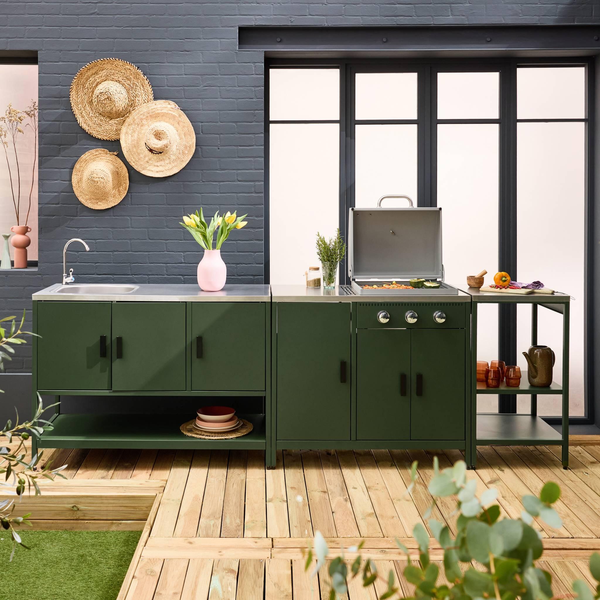 Cozinha exterior 3 módulos com churrasqueira a gás 3 queimadores em pés,, Verde 3/5