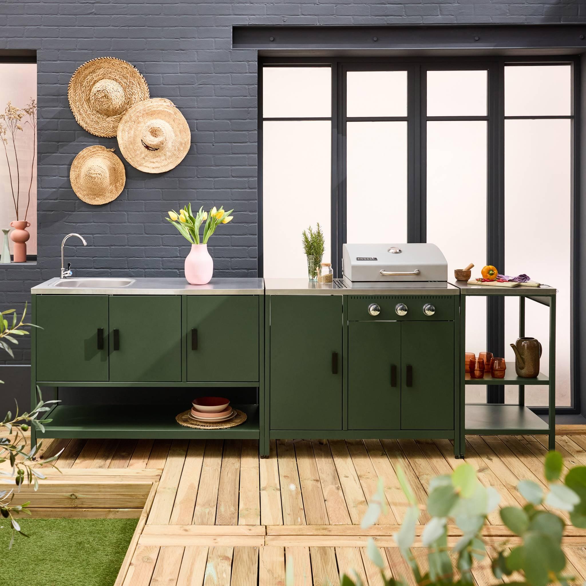 Cozinha exterior 3 módulos com churrasqueira a gás 3 queimadores em pés,, Verde 2/5