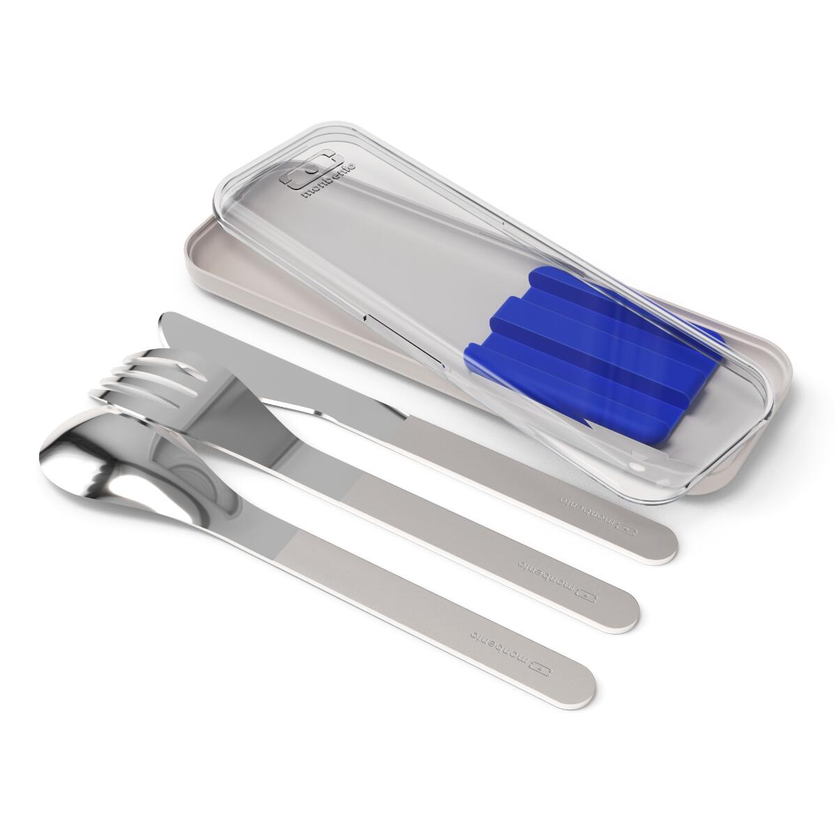 Monbento - Set 3 Couverts En Inox|bureau, Pique-nique|boitier De Rangement Inclus|slim Box - Lunchbox - Bleu - No Size - Decathlon