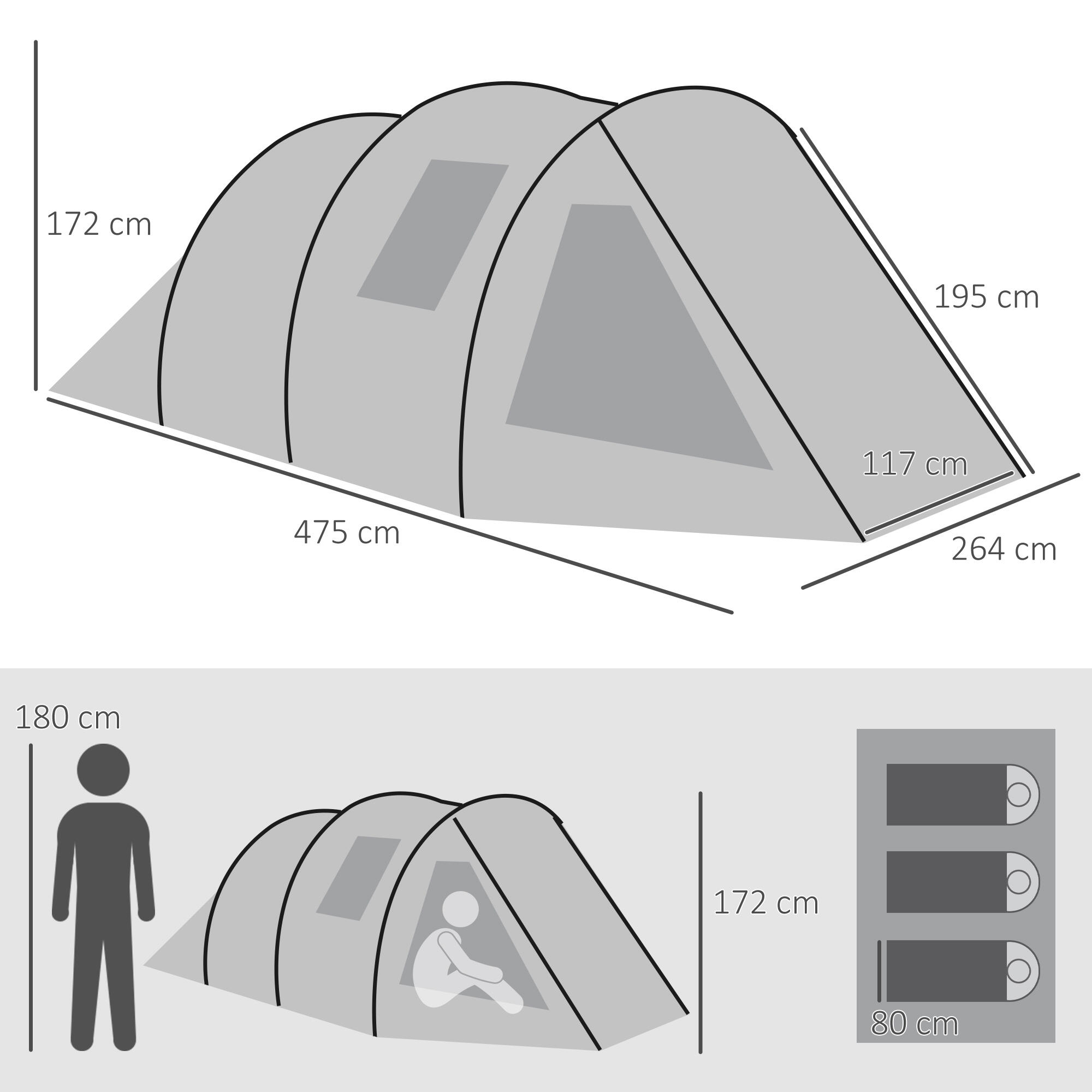 Tenda de campismo 475x264x172 cm verde, preto e cinza Outsunny 3/4