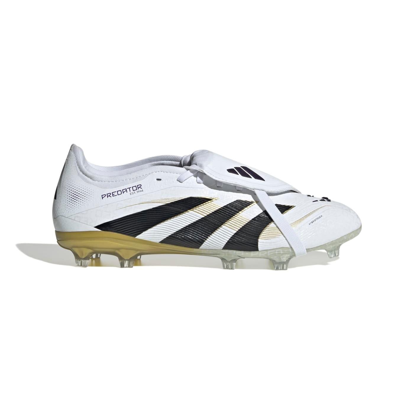 Chuteiras adidas predator pro fg com língua dobrável – branco, preto e dourado