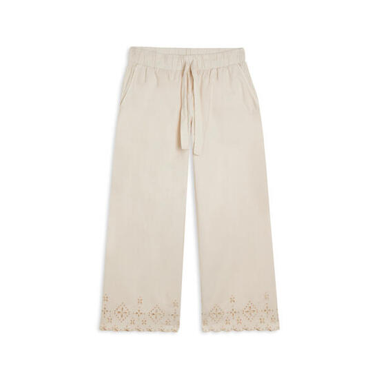 Pantaloni wide leg in cotone navetta con ricami Sangallo