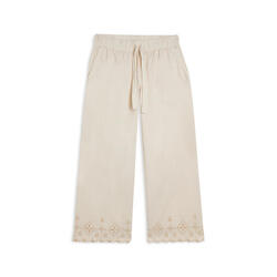 Pantalon large en coton navette avec broderies Sangallo