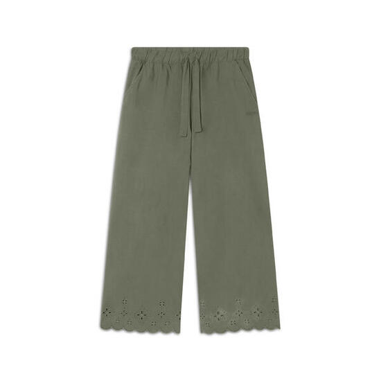 Pantaloni wide leg in cotone navetta con ricami Sangallo