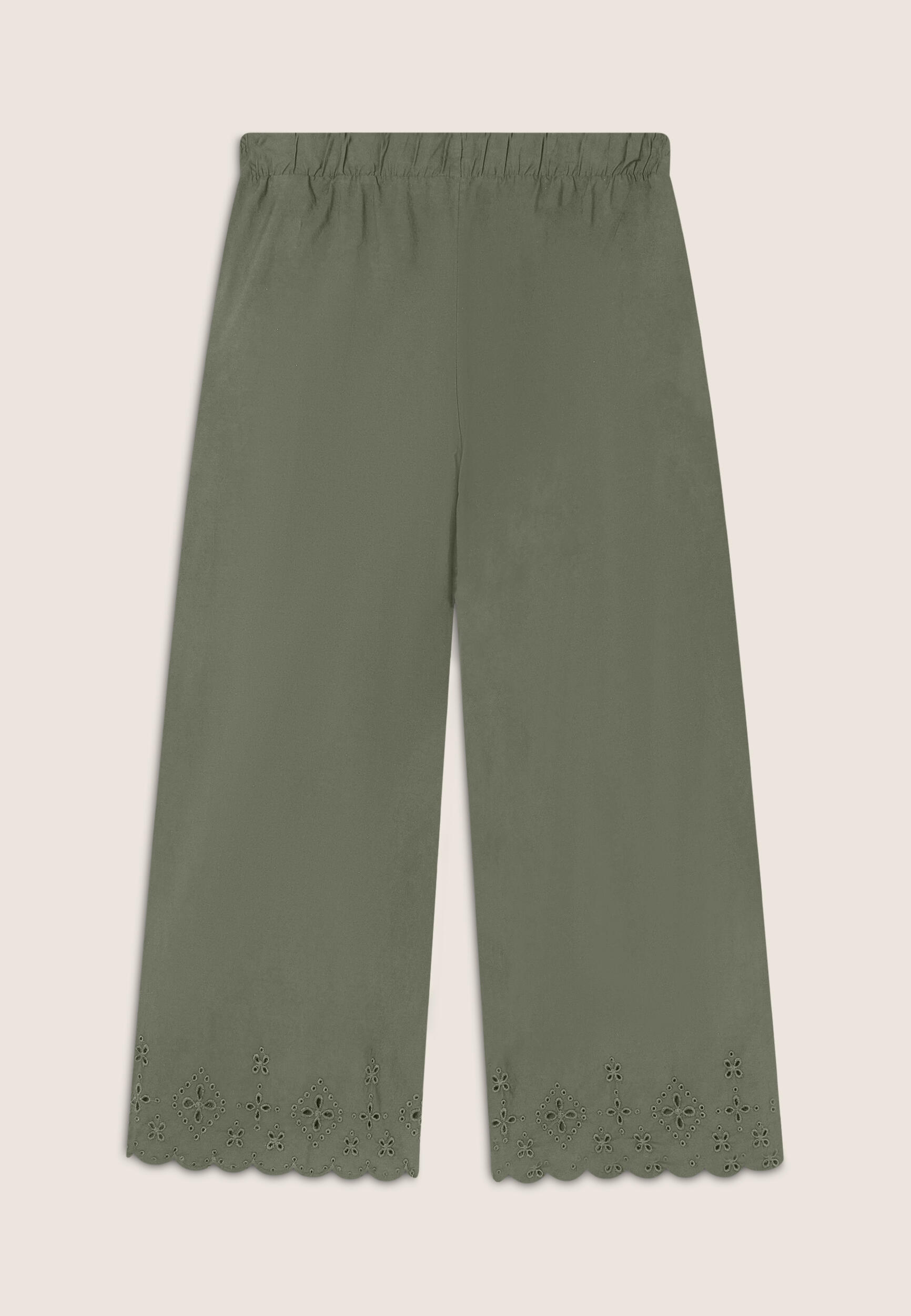 Pantaloni wide leg in cotone navetta con ricami Sangallo 2/3