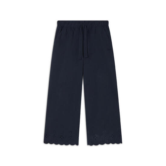 Pantaloni wide leg in cotone navetta con ricami Sangallo