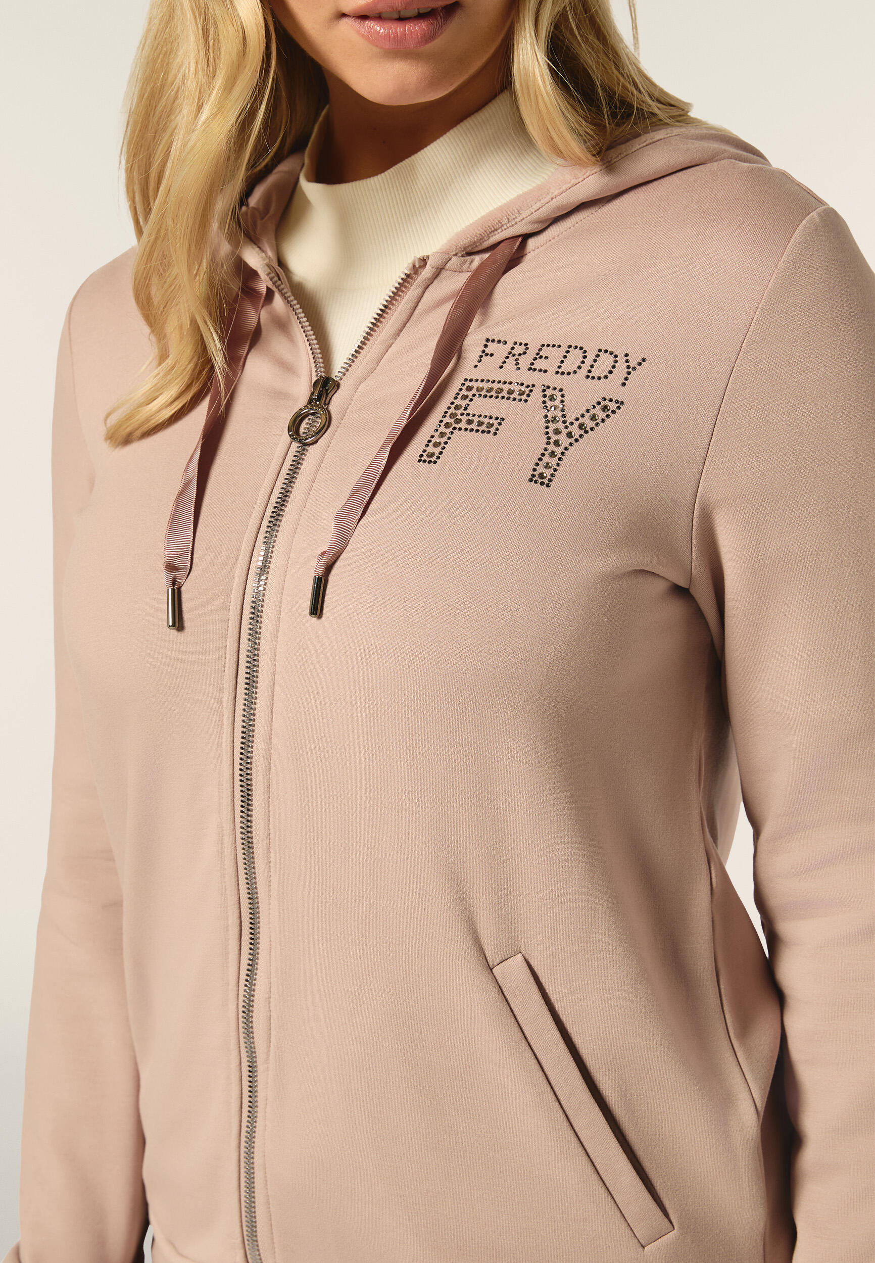 Felpa Donna FREDDY Con Zip E Cappuccio Bordato Velluto - Comfort Fit - Foto 8