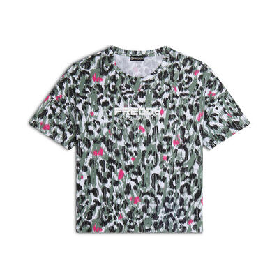 T-shirt donna comfort fit corta maculata con spacchi