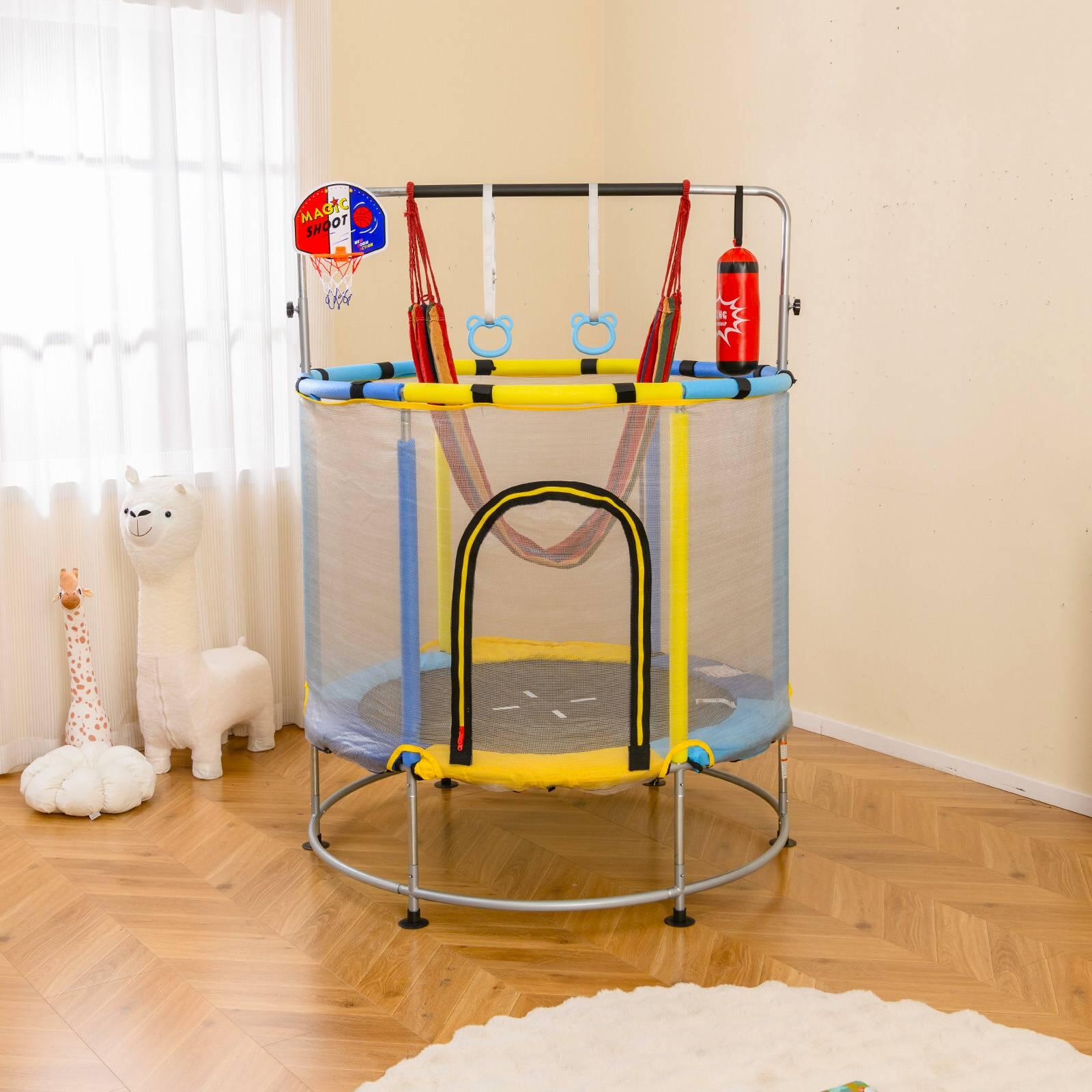 Trampoline Combo, Punching Bag, Adjustable Gym Bar & Rings, Blue, 140x179