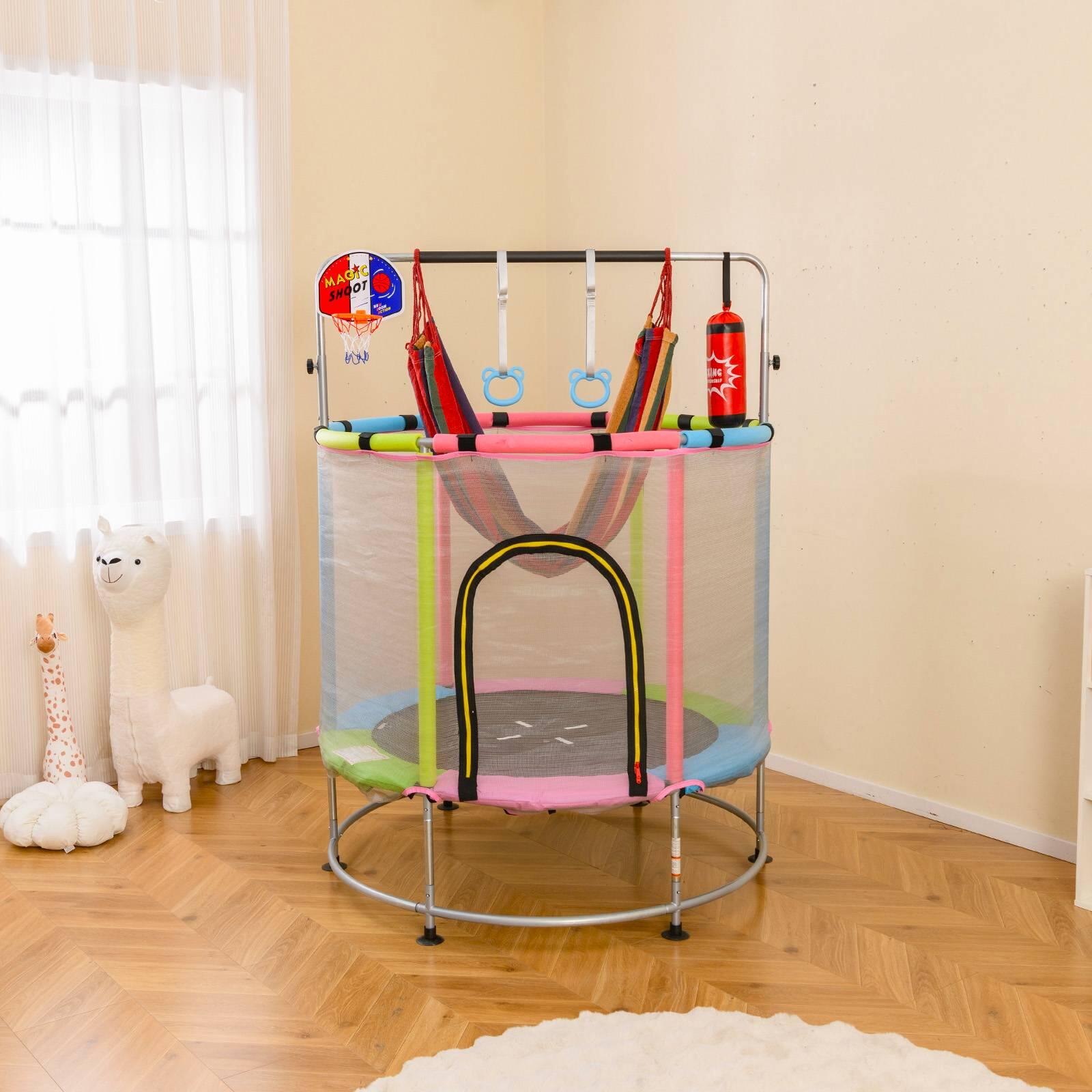Trampoline Combo, Punching Bag, Adjustable Gym Bar & Rings, Pink, 140x179