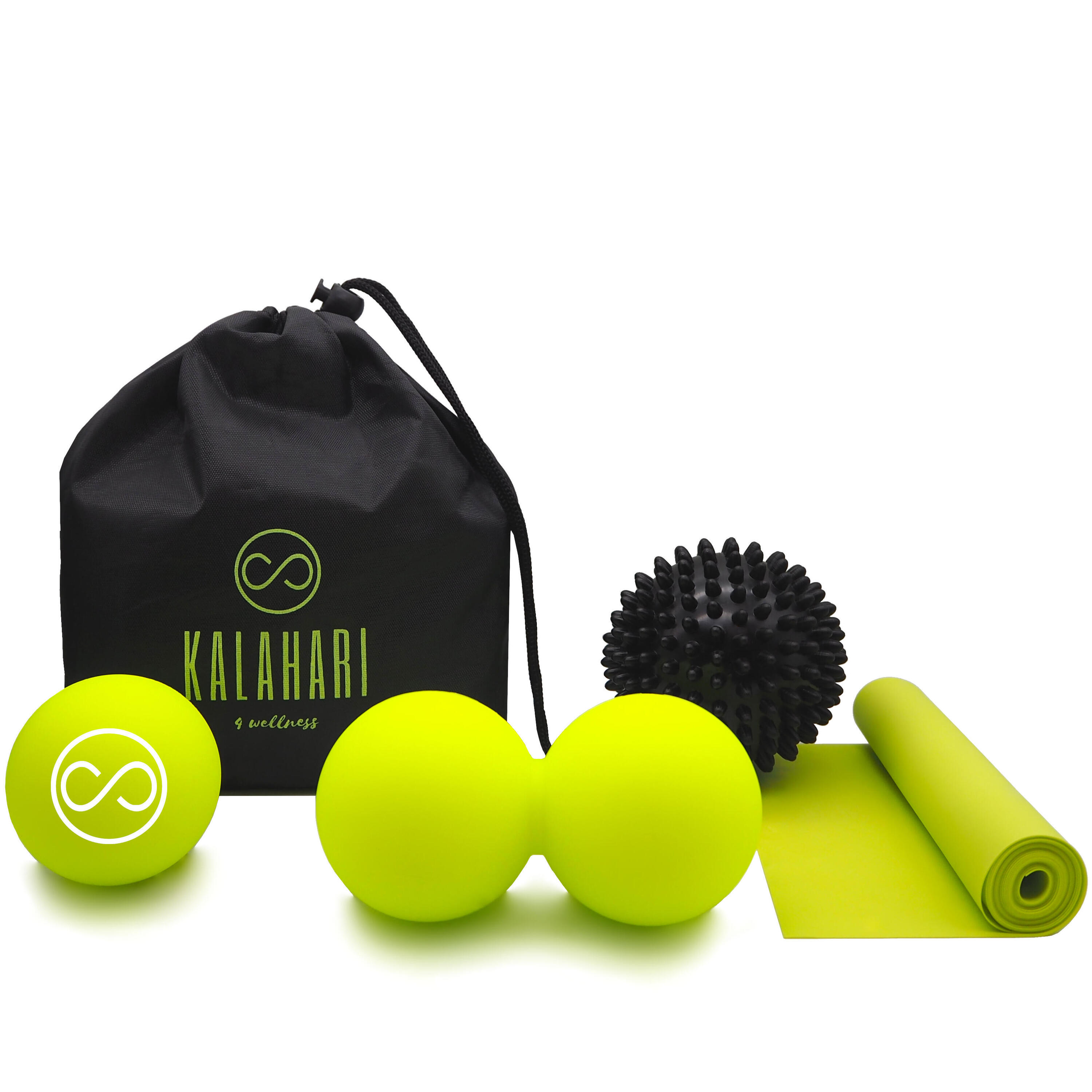 KALAHARI 4 WELLNESS Palline per Massaggio, 4 in 1, Palla Doppia, Riccio, Lacrosse, Banda Elastica