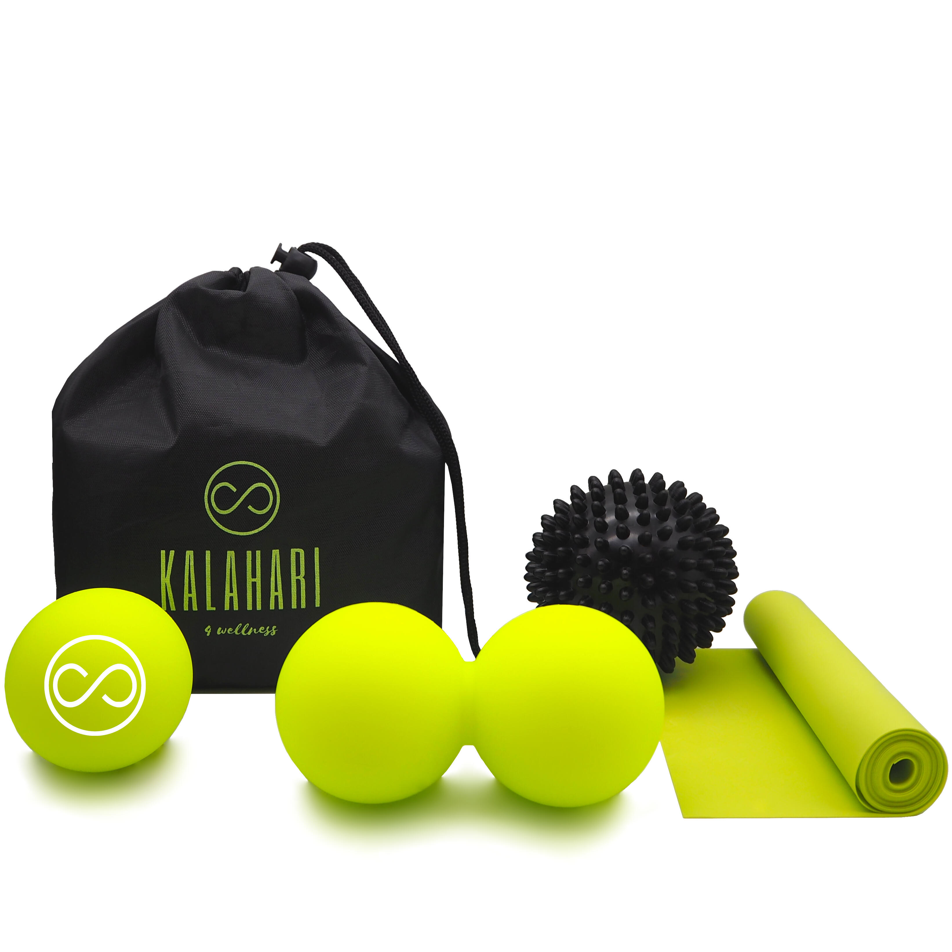 KALAHARI 4 WELLNESS Masážní Míčky 4 v 1, Dvojitý míček, ježek, lacrosse míček a odporová guma