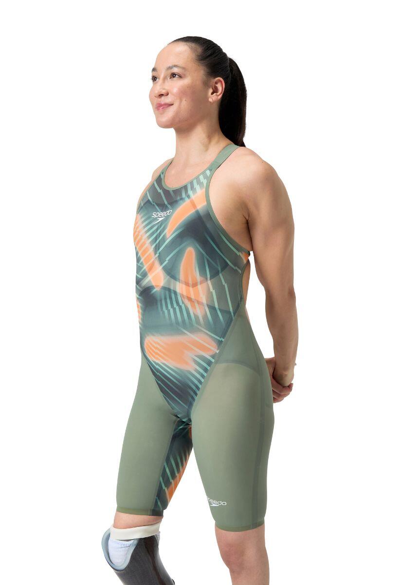 Speedo Fastskin LZR Pure Valor 2 Espalda Abierta y Rodillas en Verde y Nectarina 2/6