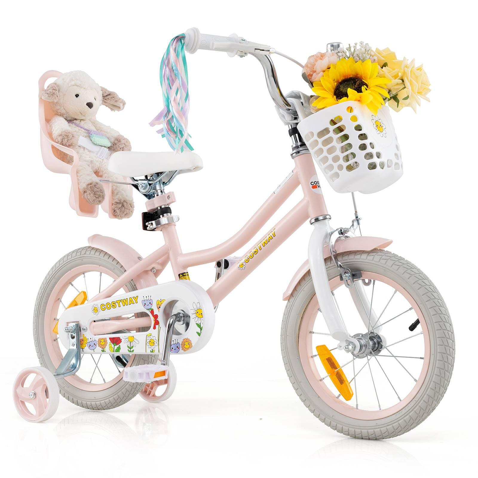 36 cm Kids Balance Bike w/Doll Seat & Basket Beginner Ride-on Pink 101x53x77