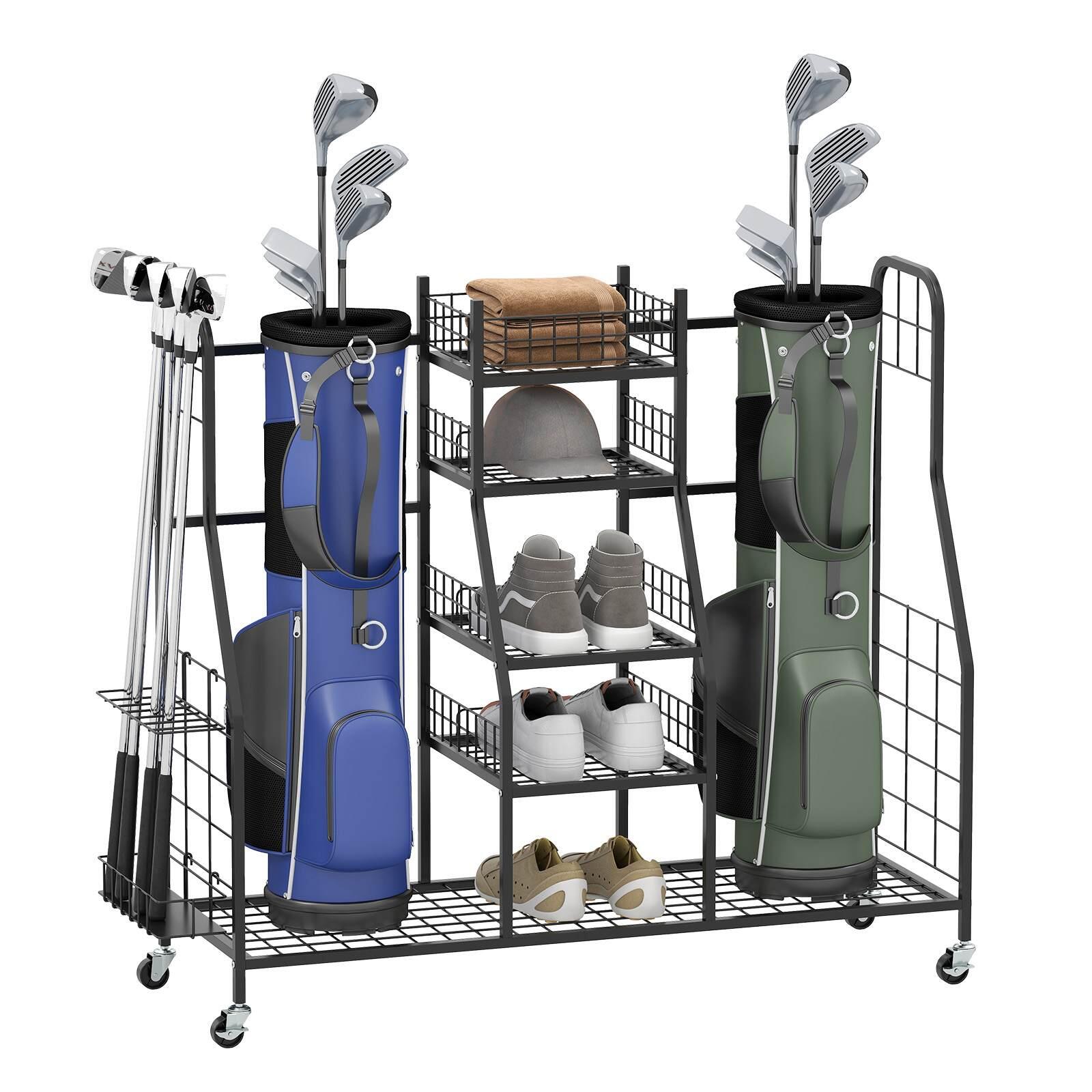 Heavy-Duty Metal Golf Bag Storage Rack w/Removable Club Holder Black 122x40x103