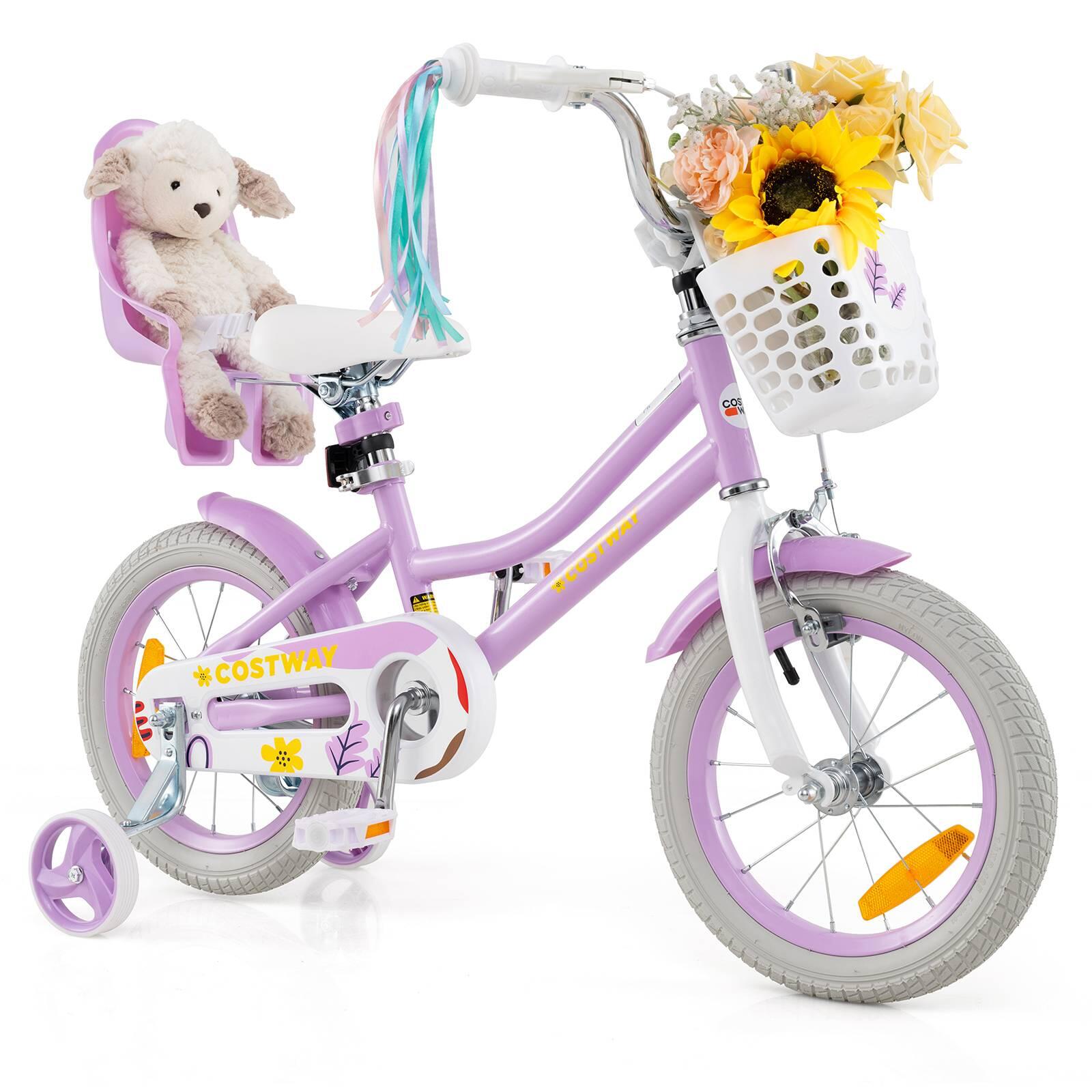 36 cm Kids Balance Bike w/Doll Seat & Basket Beginner Ride-on Purple 101x53x77