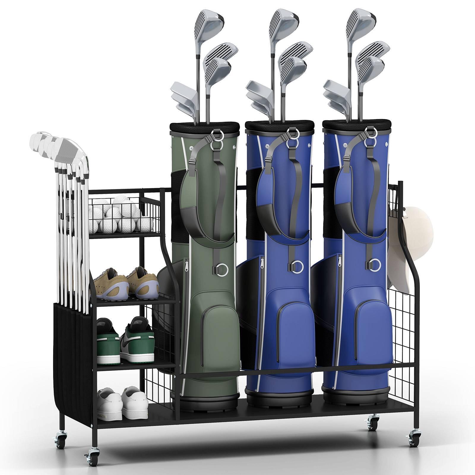 Golf Bag Metal Organizer w/Lockable Wheels, Black, 120x42x94