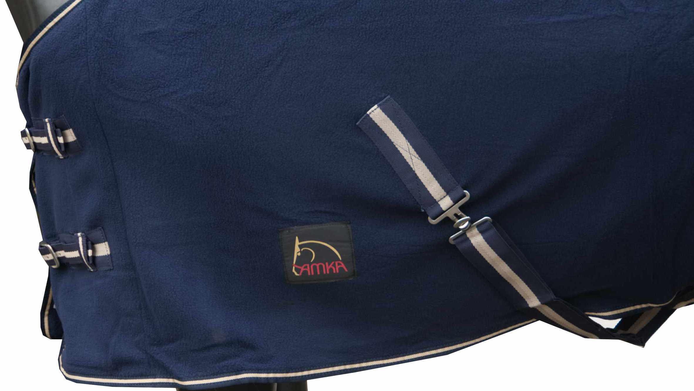 AMKA Fleecedecke Abschwitzdecke Transportdecke für Pferde mit Kreuzgurten d.blau 3/4