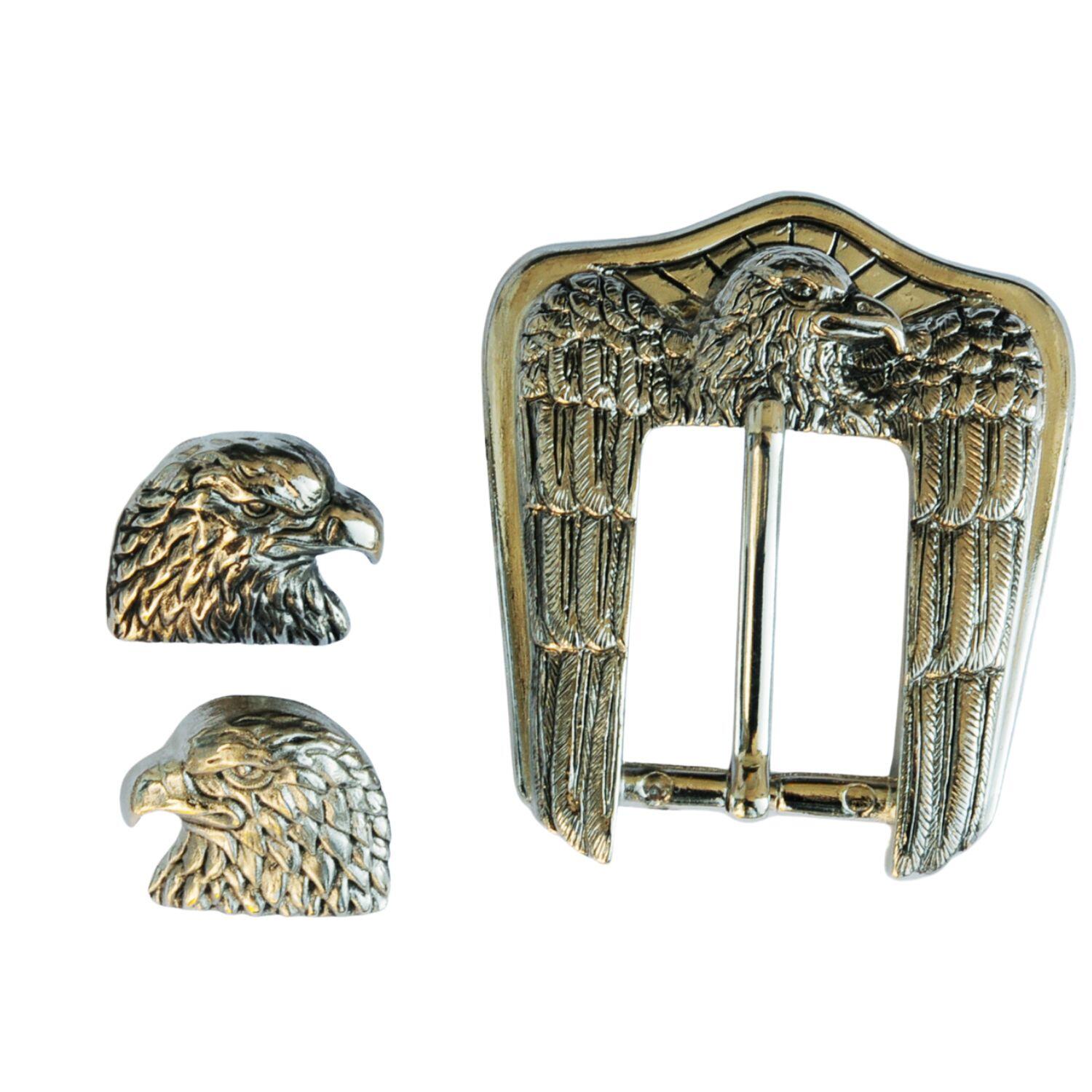 Western Gürtelschnalle Set silberfarben Buckle mit 2 Adlerkopf Rosetten 1/4