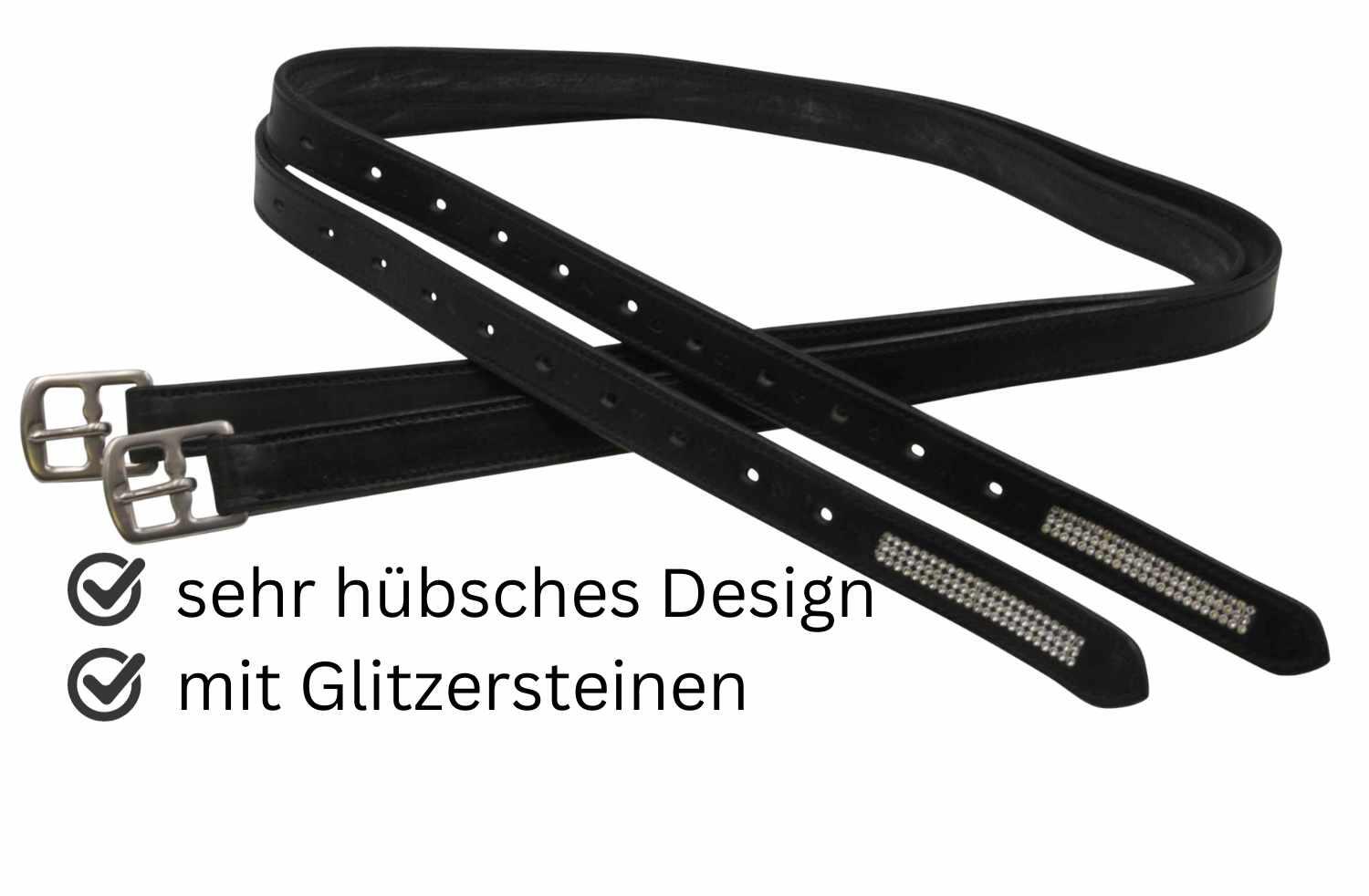 AMKA Leder Steigbügelriemen mit Glitzersteinchen, schwarz 130 oder 150 cm 2/4