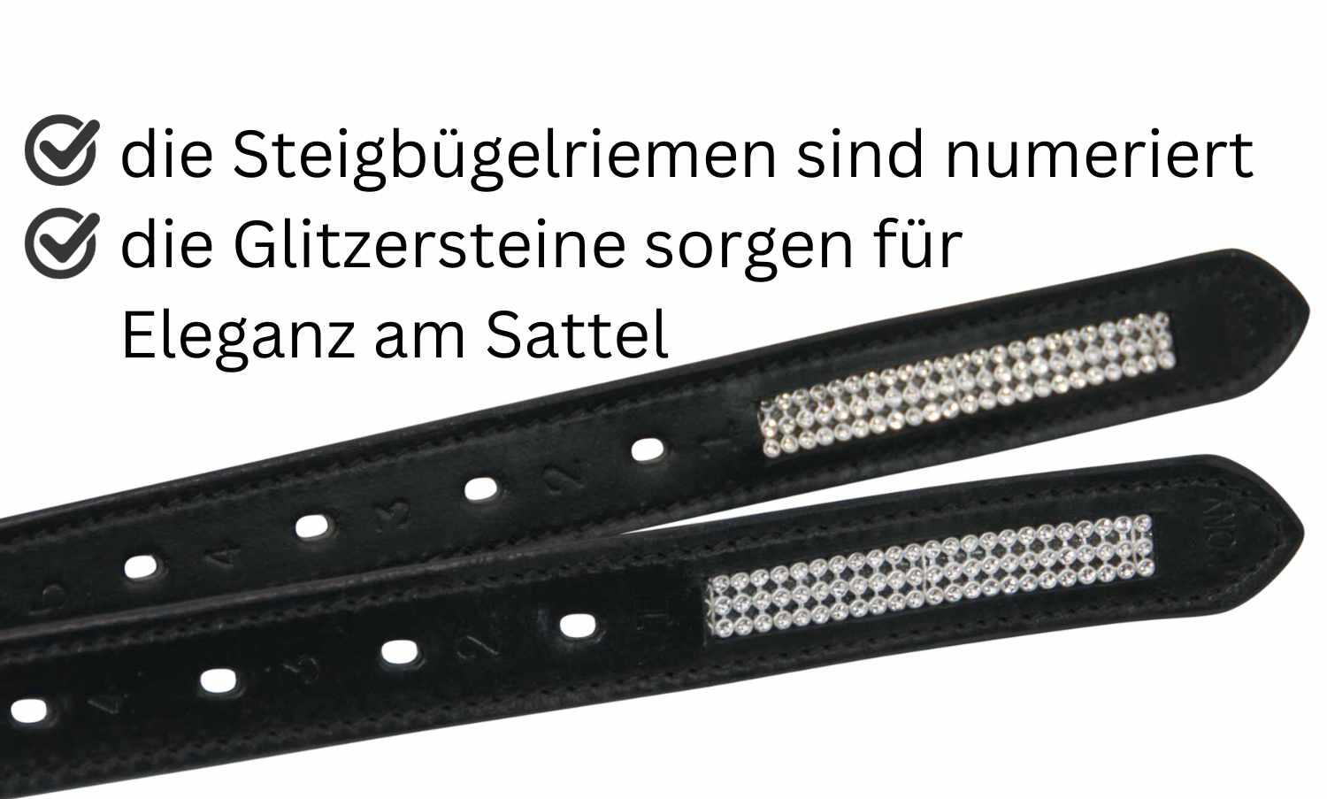 AMKA Leder Steigbügelriemen mit Glitzersteinchen, schwarz 130 oder 150 cm 3/4