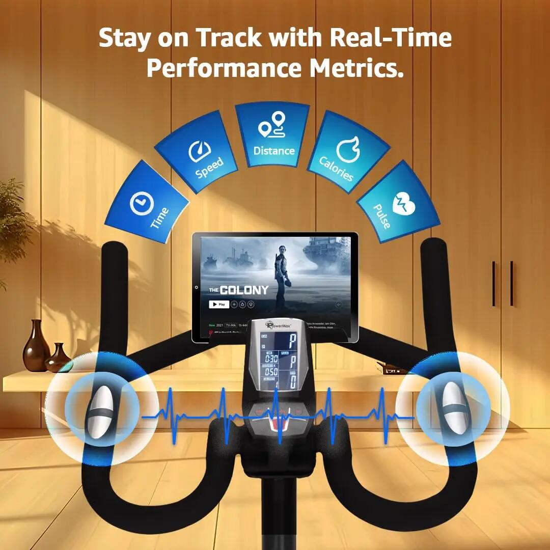 PowerMax Fitness BS-2070C Semi-Commercial Exercise Magnetic Resistance Spin Bike for Home Gym |18kg Flywheel, Max User 170kg, 2pcs Crank, LCD Display, Adjustable Foot Strap and Seat, Heart Rate Sensor -  4