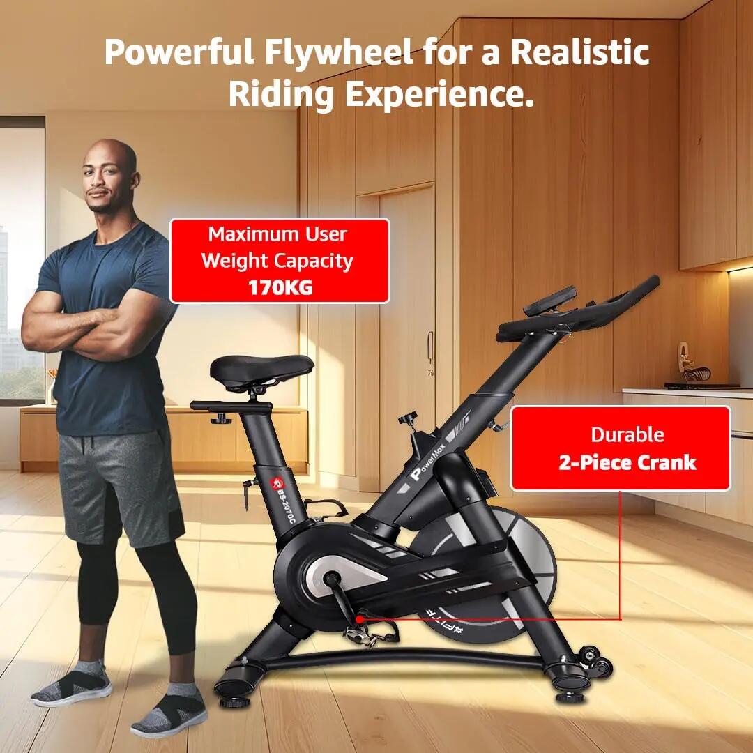 PowerMax Fitness BS-2070C Semi-Commercial Exercise Magnetic Resistance Spin Bike for Home Gym |18kg Flywheel, Max User 170kg, 2pcs Crank, LCD Display, Adjustable Foot Strap and Seat, Heart Rate Sensor -  5