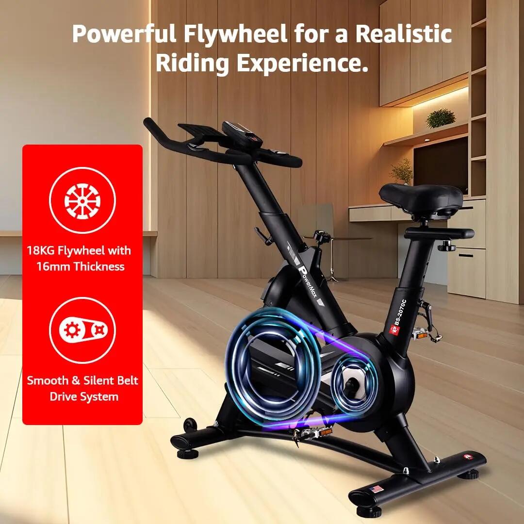 PowerMax Fitness BS-2070C Semi-Commercial Exercise Magnetic Resistance Spin Bike for Home Gym |18kg Flywheel, Max User 170kg, 2pcs Crank, LCD Display, Adjustable Foot Strap and Seat, Heart Rate Sensor -  2