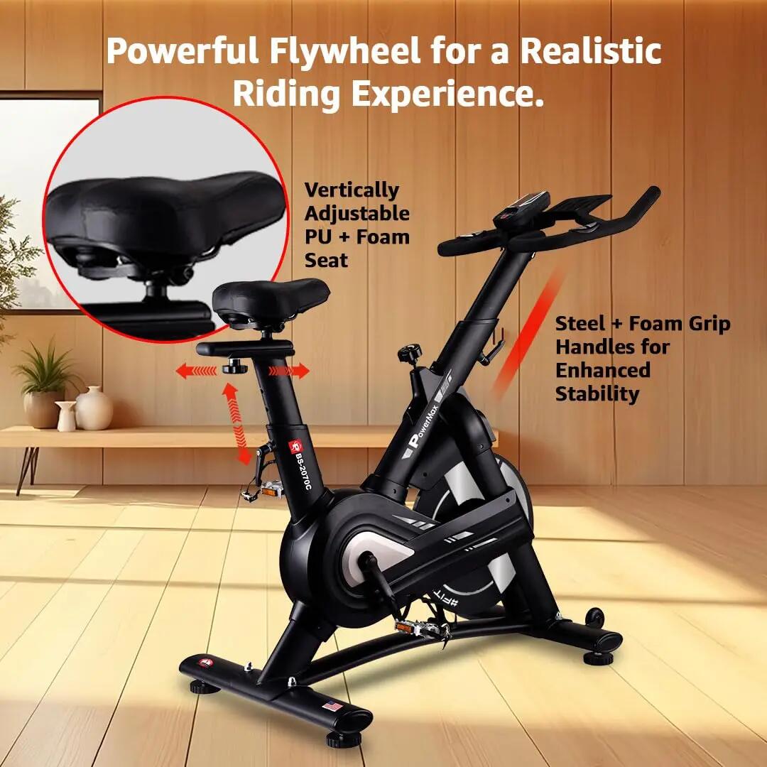 PowerMax Fitness BS-2070C Semi-Commercial Exercise Magnetic Resistance Spin Bike for Home Gym |18kg Flywheel, Max User 170kg, 2pcs Crank, LCD Display, Adjustable Foot Strap and Seat, Heart Rate Sensor -  3