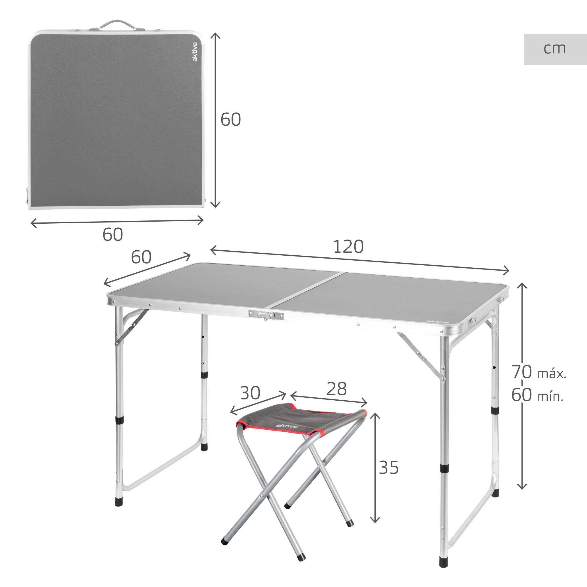 Aktive Mesa dobrável 120x60 cm ajustável em alumínio cinza com 4 bancos 4/7