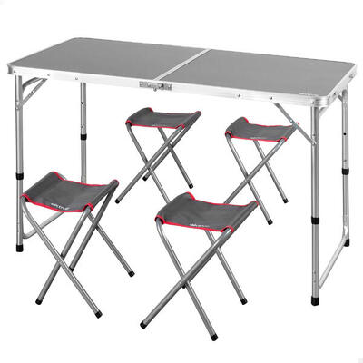 Aktive Tavolo pieghevole 120x60 cm regolabile in alluminio grigio con 4 sgabelli