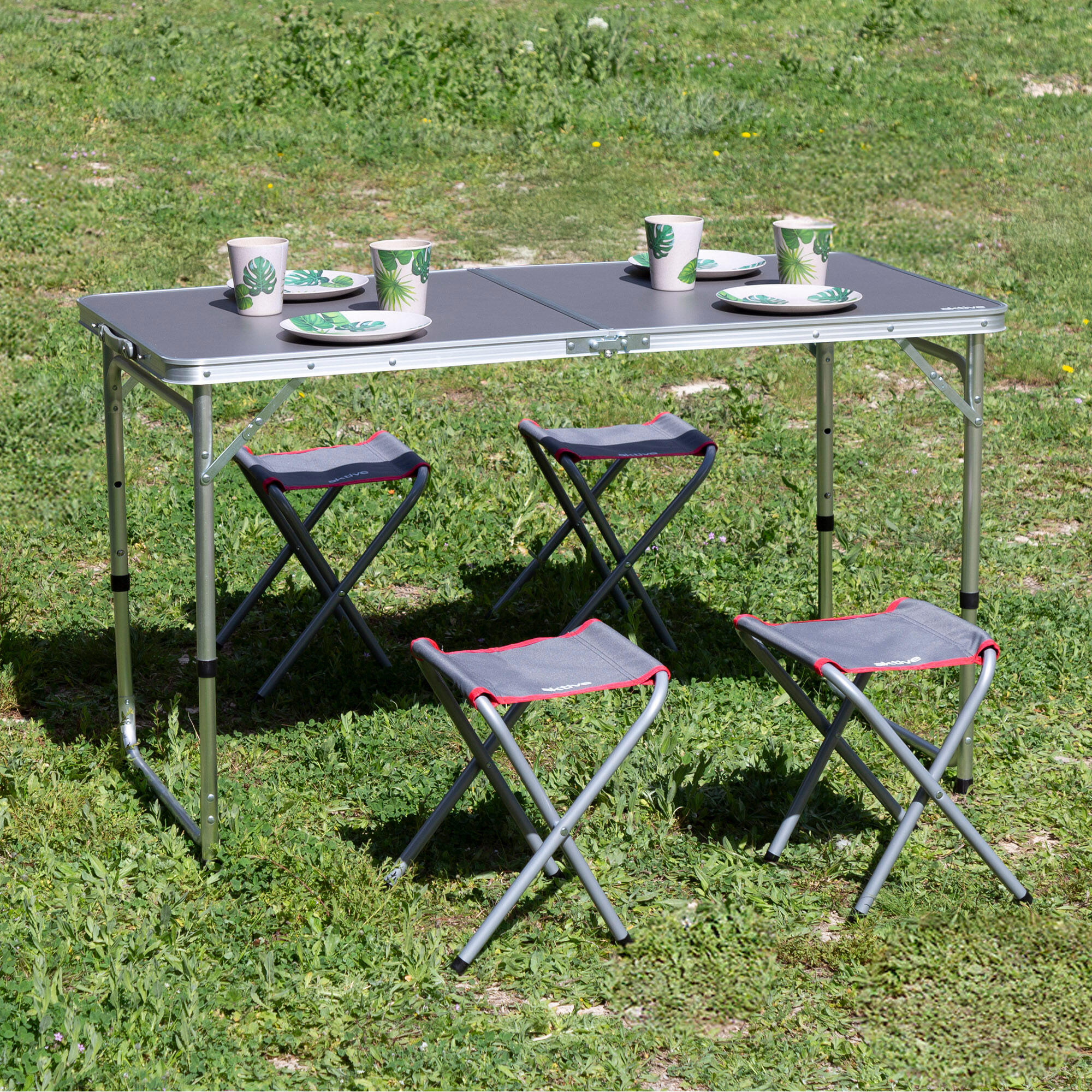 Aktive Mesa dobrável 120x60 cm ajustável em alumínio cinza com 4 bancos 3/7