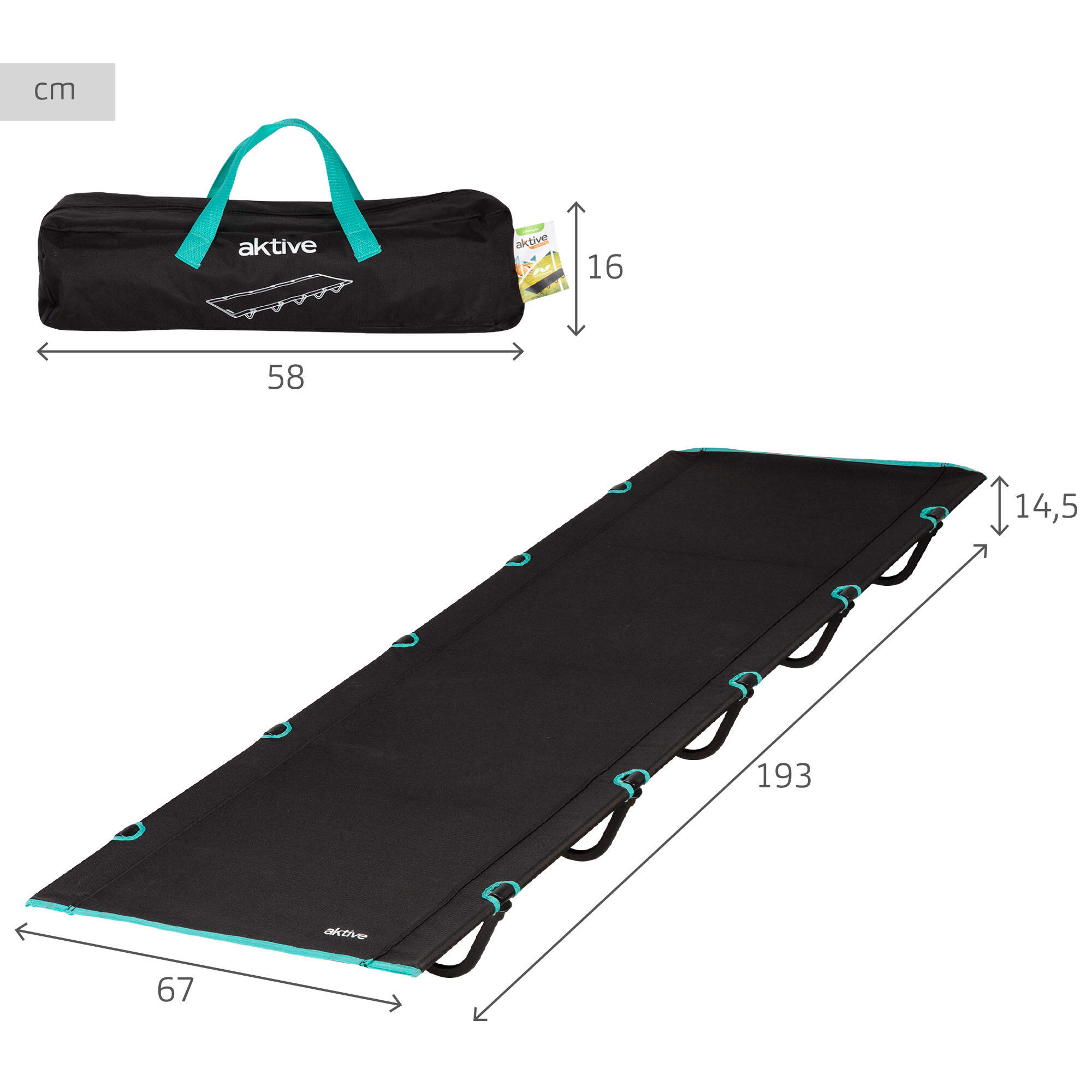 Aktive Lit de camping pliant 194x65,5x14 cm noir avec sac de transport 4/7