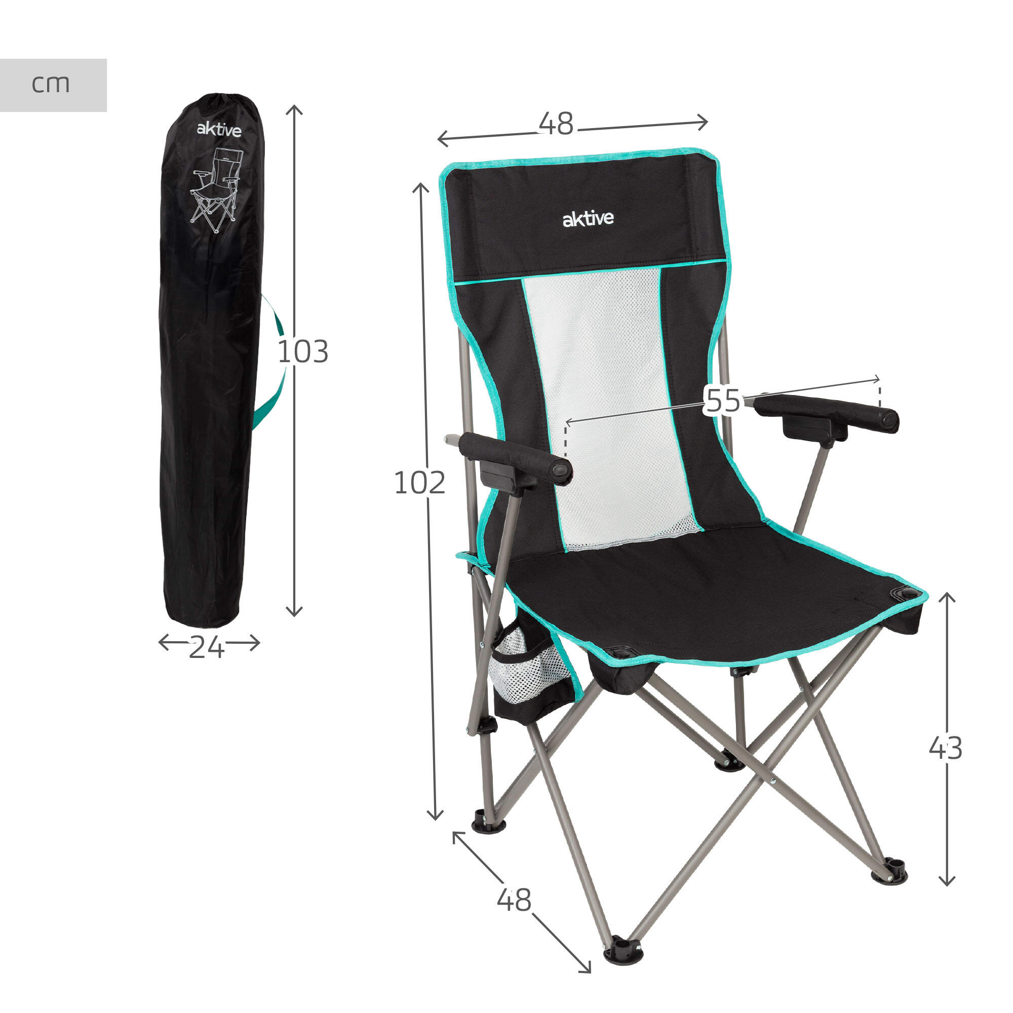 Aktive Chaise de camping pliante 48x48x102 cm noire avec dossier en filet 4/7